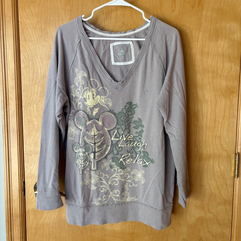 Disney Parks Sweatshirt Women Medium Purple Mickey Mouse Live Laugh Relax V-Neck